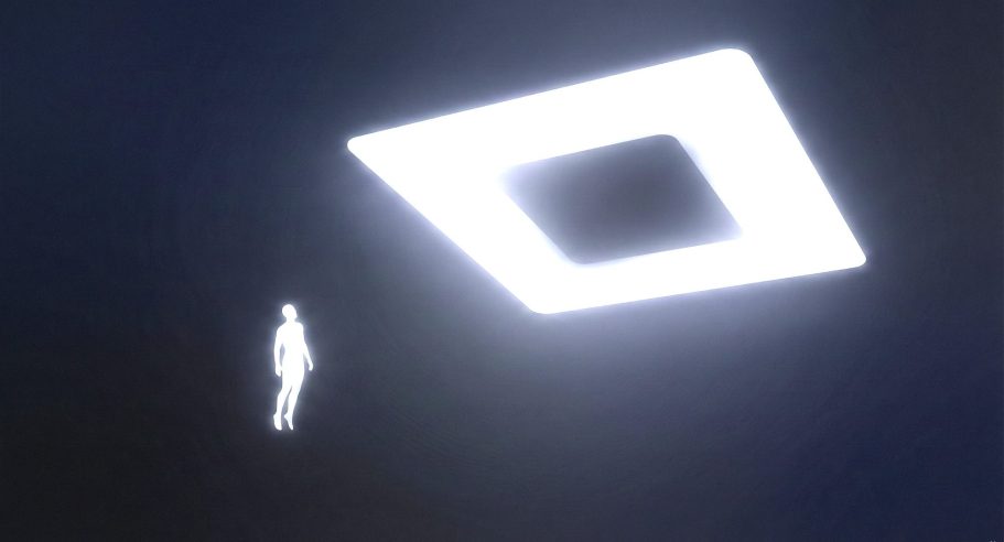 Visueller Restmarker Eine leuchtende quadratische Form schwebt über einer silhouettenhaften Figur.