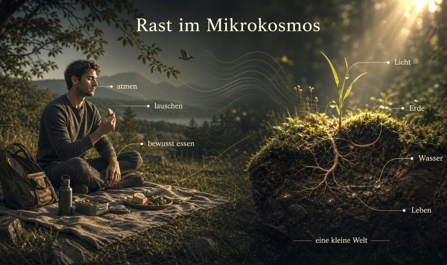 Grafik zu Uebung Ein Mann sitzt im Freien auf einer Decke und genießt eine Pause neben einer Pflanze.