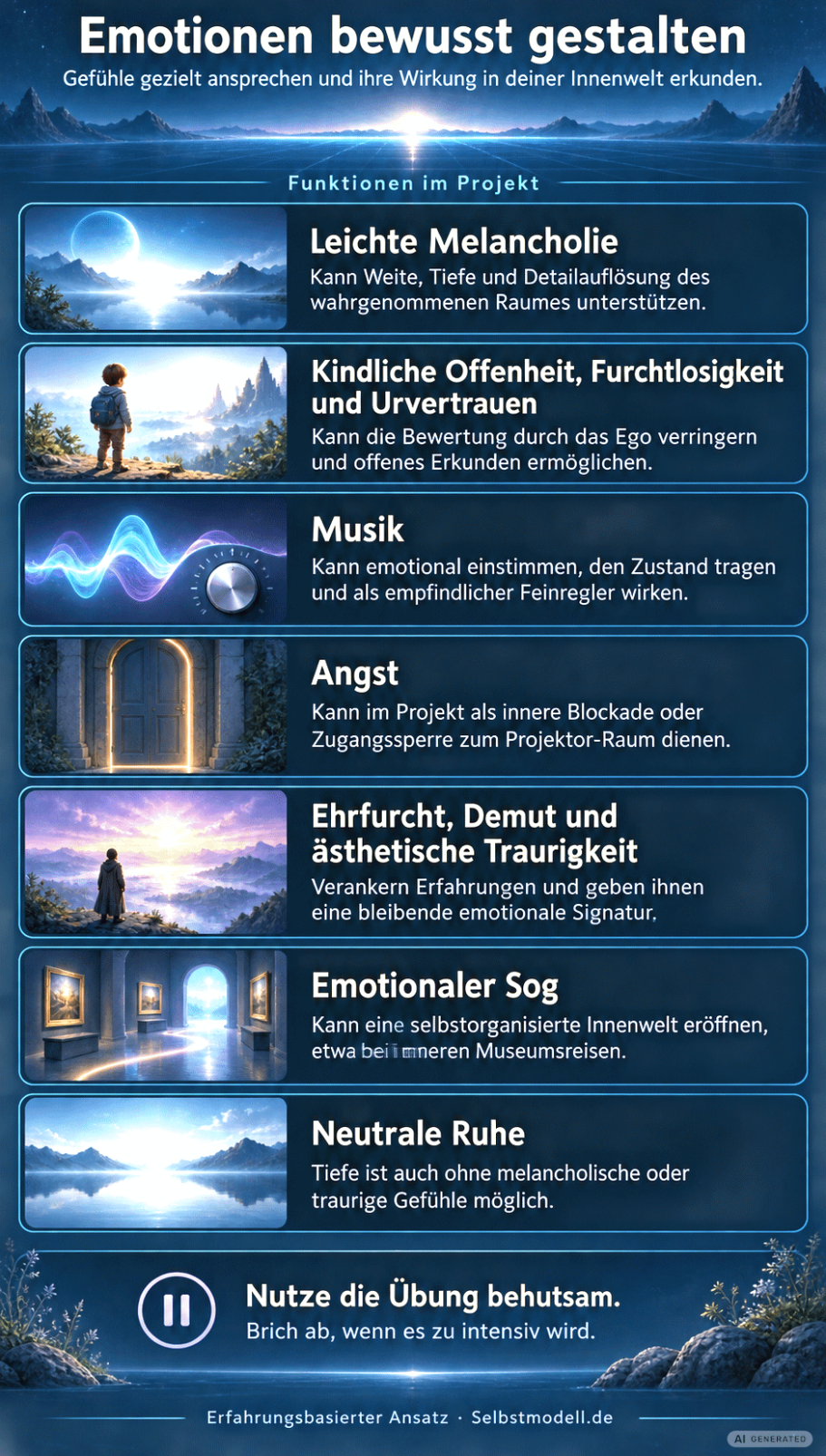 Emotionen bewusst gestalten Liste mit Optionen wo Emotionen alles genutzt werden können