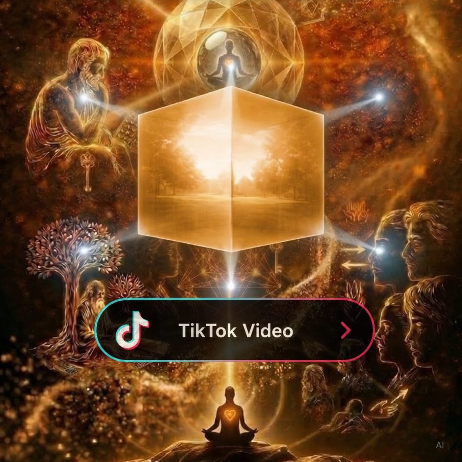 Link zum Tiktok video Spirituelle Darstellung mit geometrischen Formen und Licht, umgeben von meditierenden Figuren.