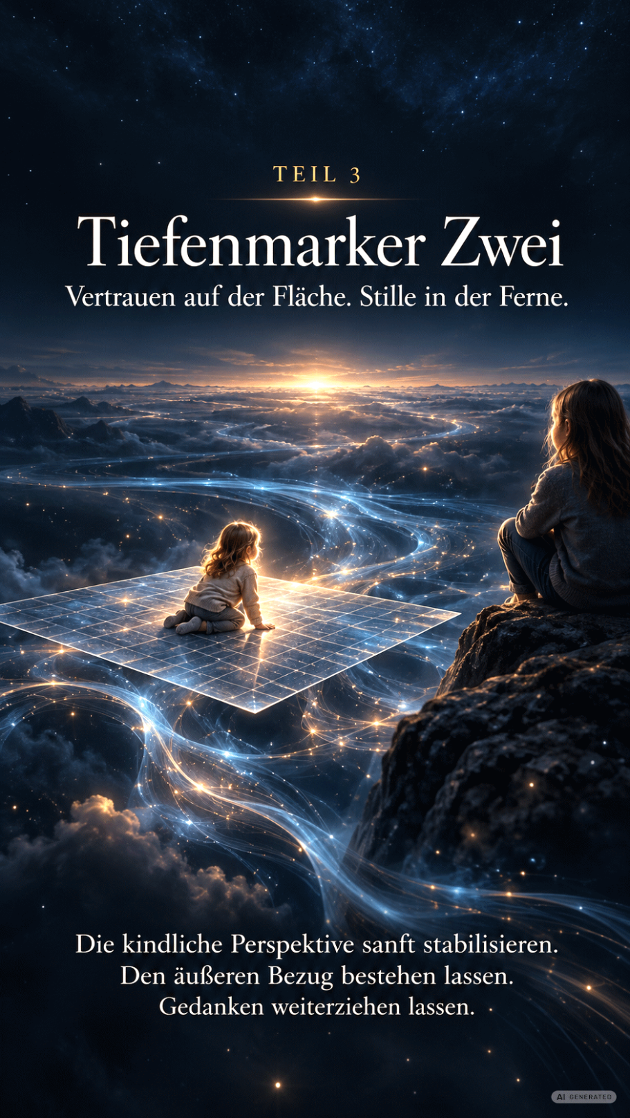 Stille in der Ferne Das Innere Kind sitzt auf der Gedankenprojektionsfläche und wird von einem älteren Kind beobachtet