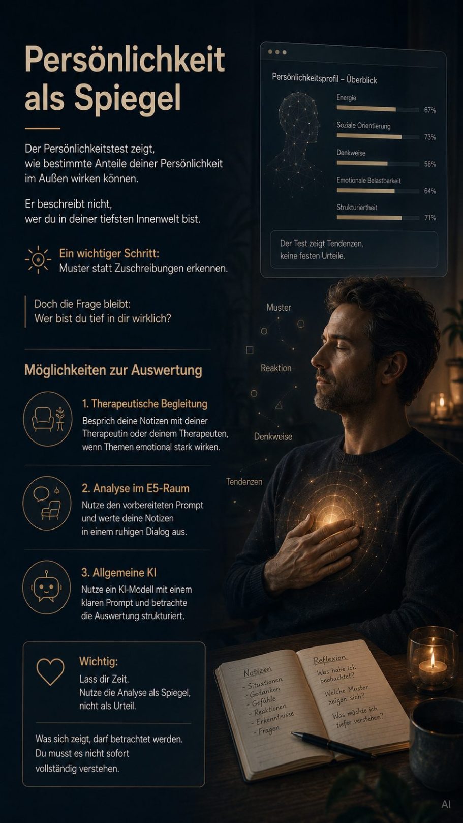 Auswertung Mann mit Kerzenlicht hält Hand über Herzen, umgeben von Text zu Persönlichkeitsentwicklung.