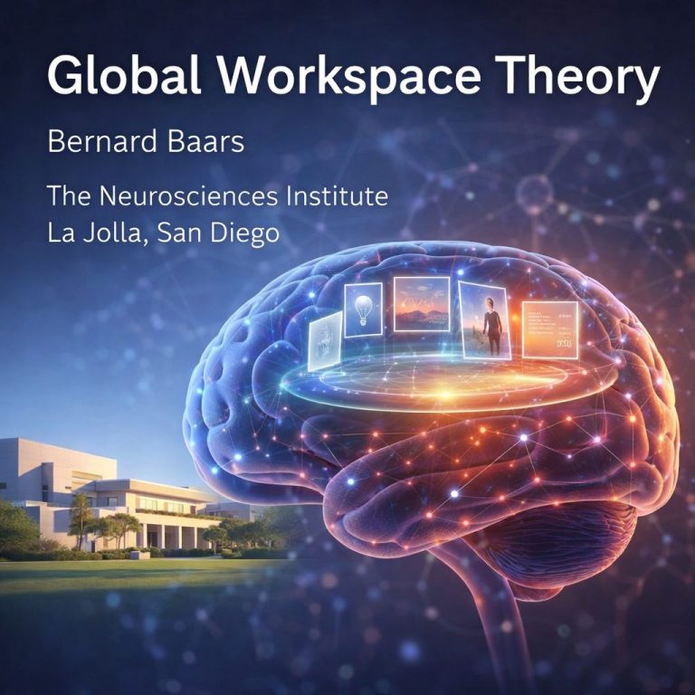 Grafik eines Gehirns mit Digitalanzeigen, Titel: "Global Workspace Theory".