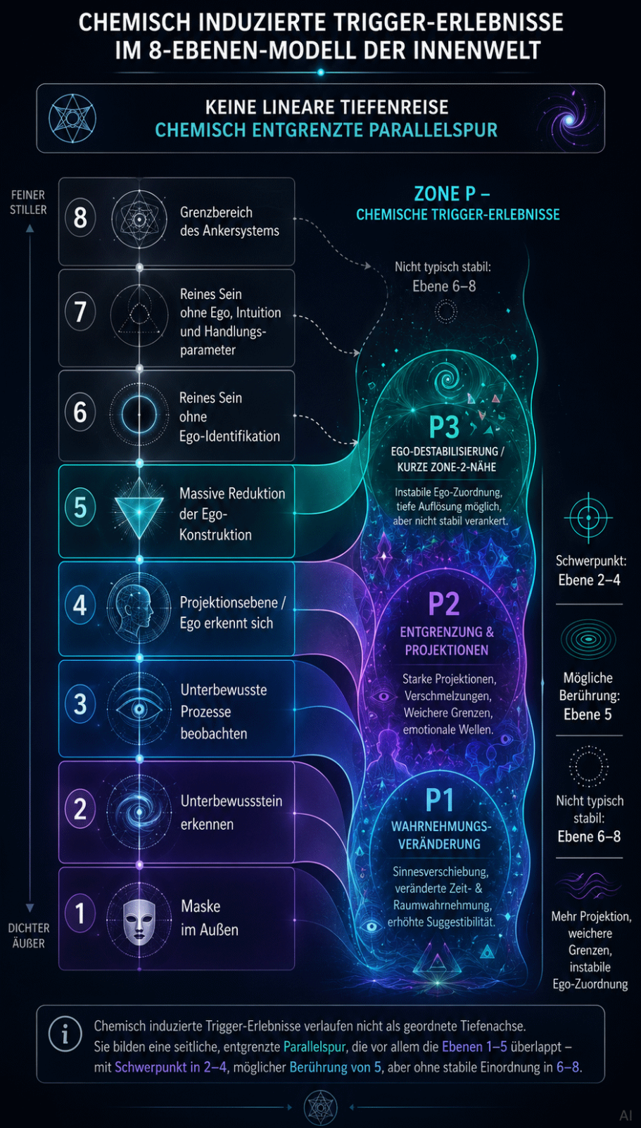 Pilze und DMT Grafik mit einem Diagramm zum Einfluss von Chemischen Triggern wie DMT